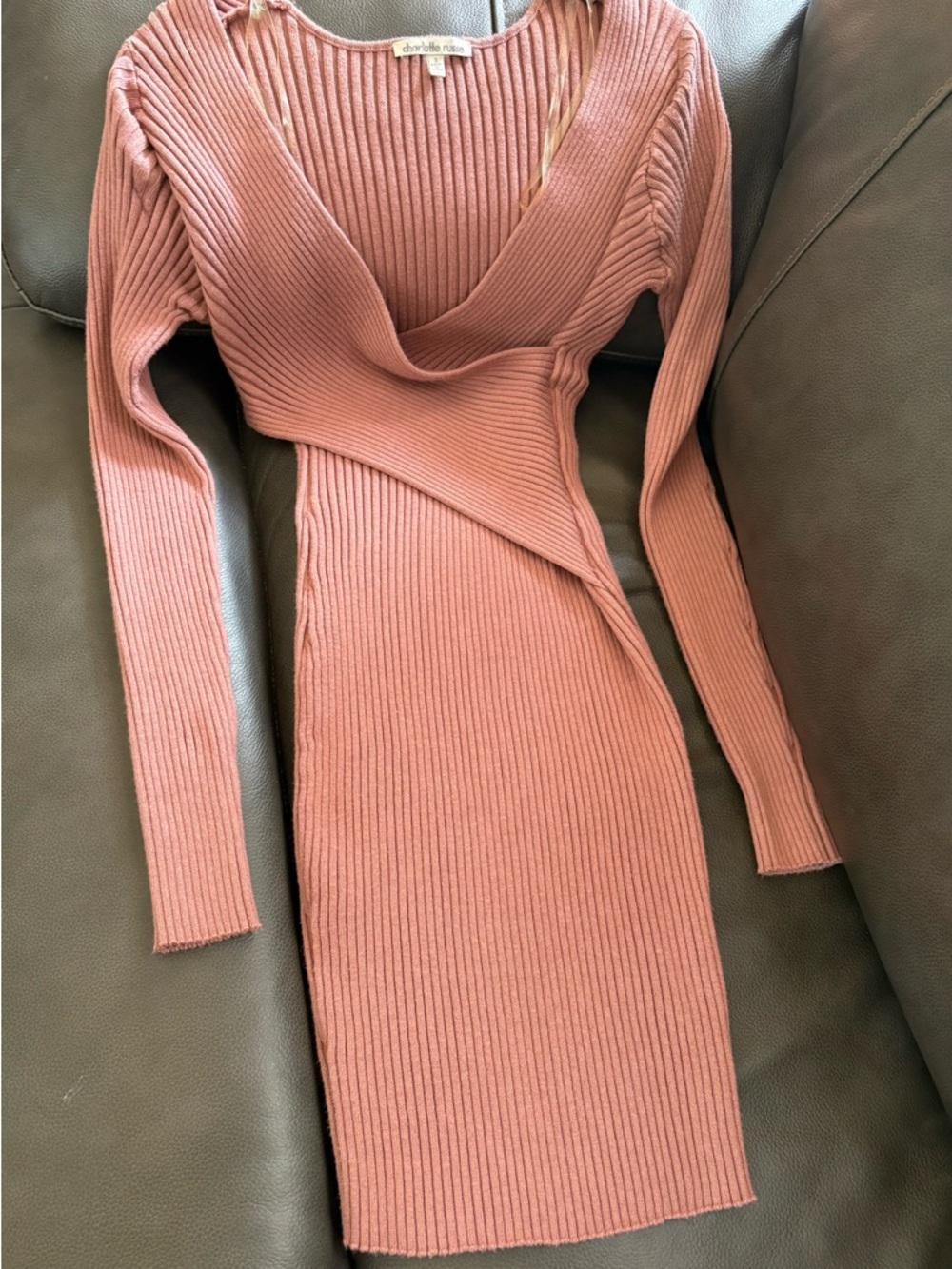 🌹Charlotte Russe Dusty Rose Ribbed Wrap-Front Long Sleeve Dress